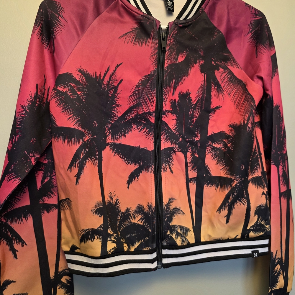 Hurley Girls Palm Tree Sunset Bomber Jacket Size L Tropical Zip Up Jacket